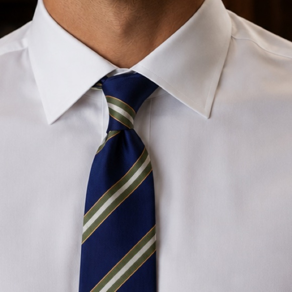 Petronius Regimental Repp Blue Silk Tie with Olive and White Stripes